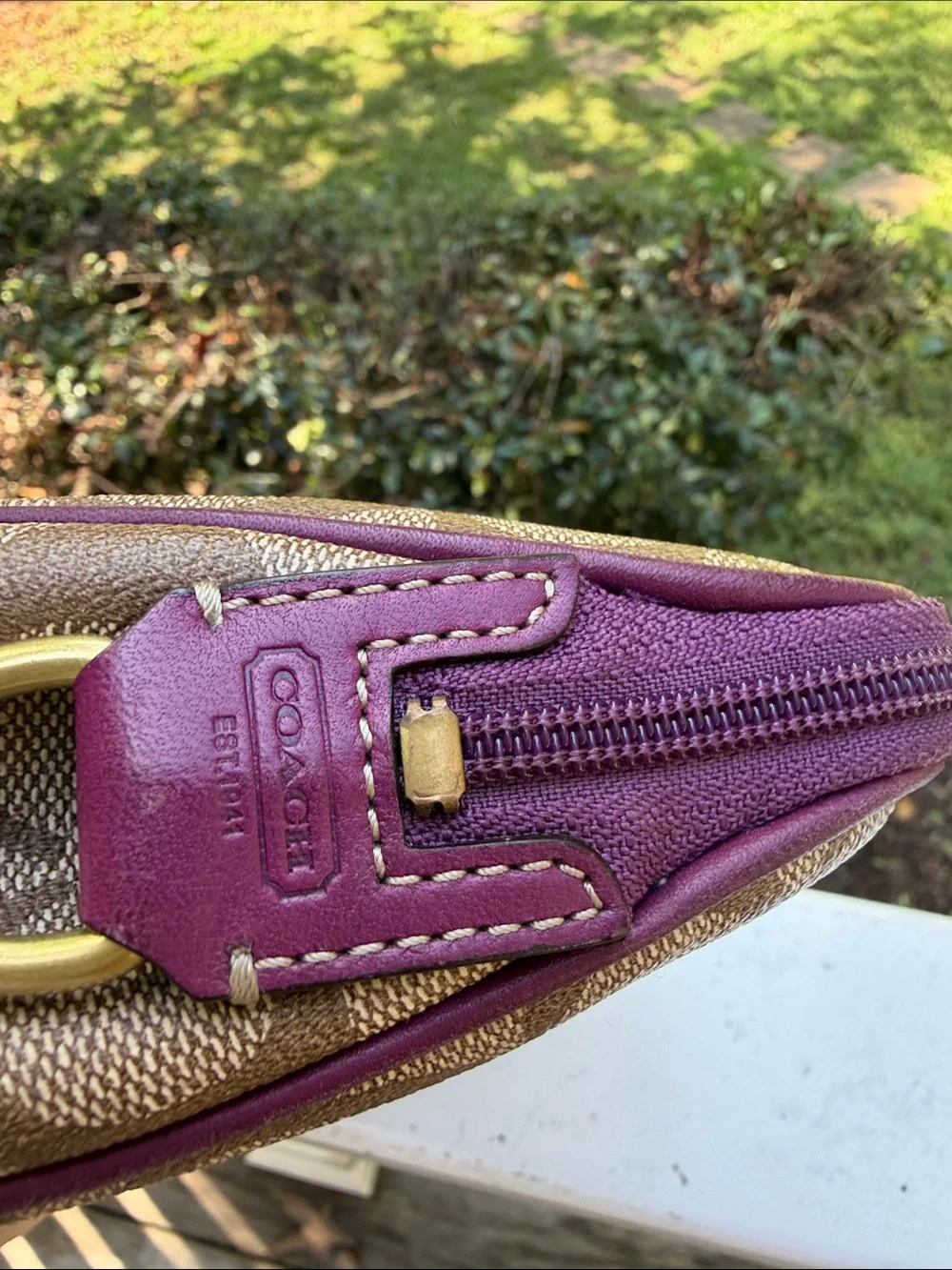 Vintage Coach Signature Canvas Cosmetic Pouch in Tan & Purple Tattersall lining